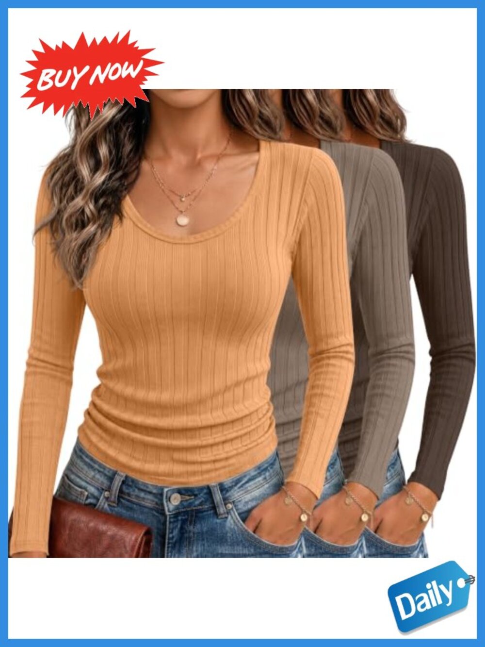 3 Pack Women's Ribbed Knit Scoop Neck Long Sleeve Tops Cotton Spandex Slim Fit